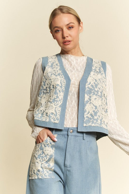 Davi & Dani Lace Patch Open Front Denim Vest - Sydney So Sweet