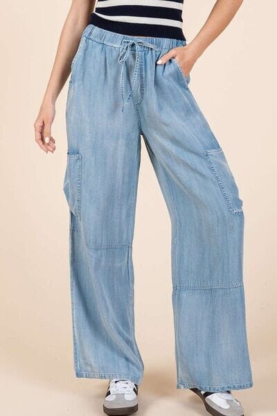 Mittoshop Washed Elastic Waist Cargo Wide Leg Pants - Sydney So Sweet