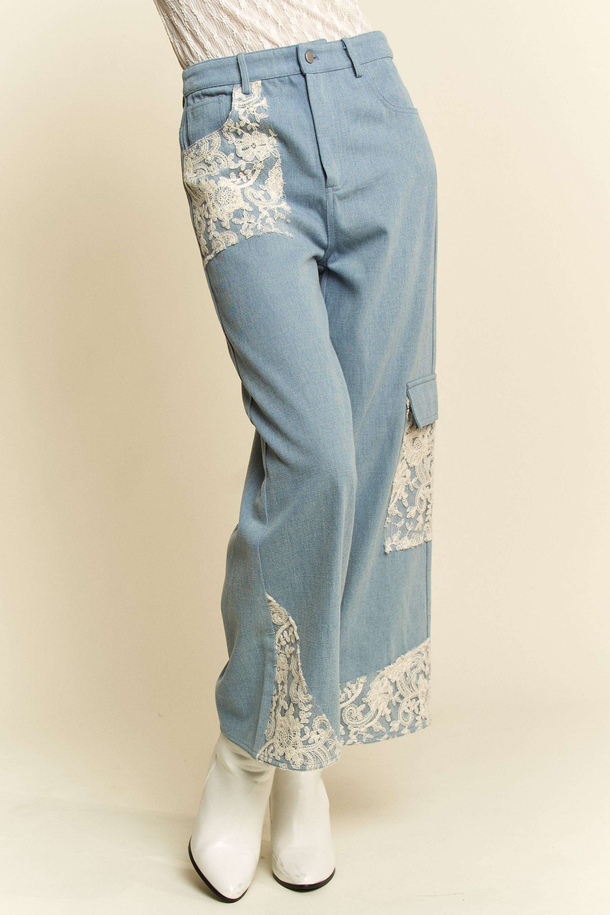 Davi & Dani Lace Applique Wide Leg Jeans - Sydney So Sweet