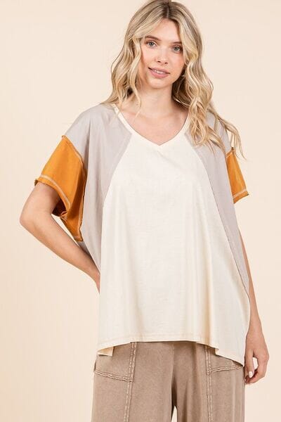 Mittoshop Color Block V-Neck Short Sleeve T-Shirt - Sydney So Sweet