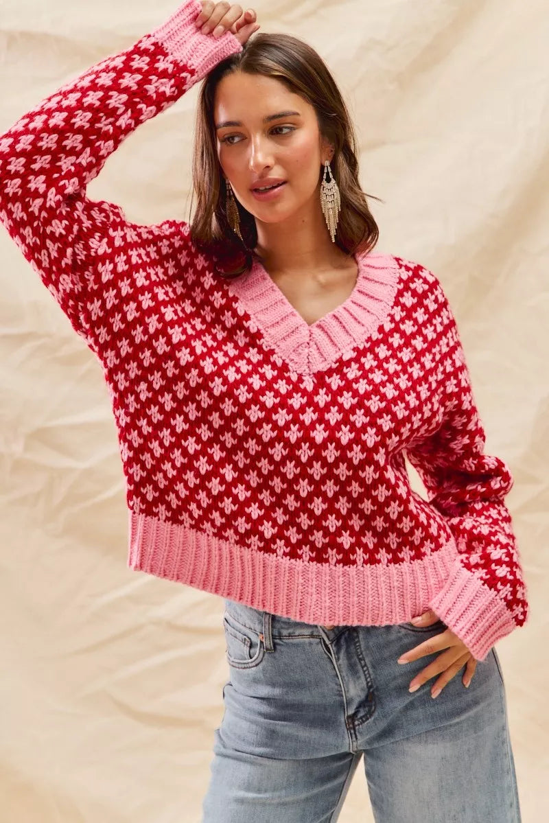 SO ME Color Block Textured Christmas Sweater V Neck Top - Sydney So Sweet