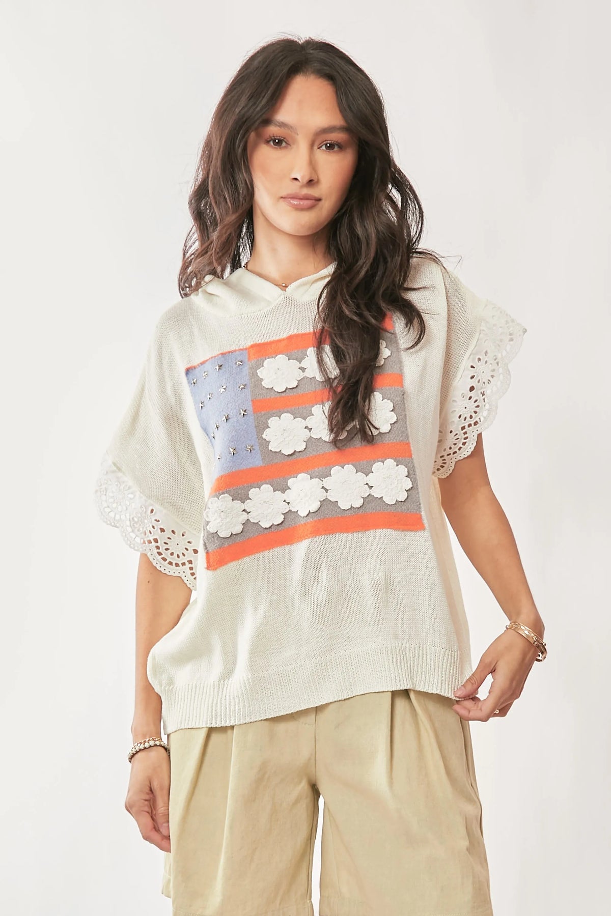 Davi & Dani American Flag Loose Fit Lace Sleeve Hoodie Top - Sydney So Sweet