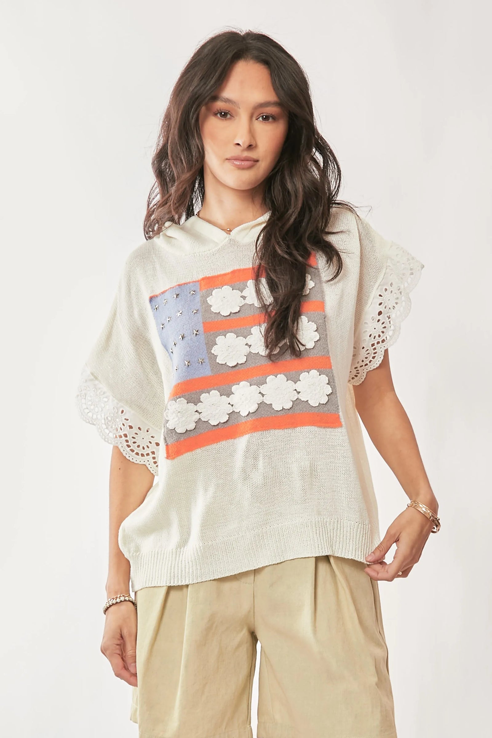 Davi & Dani American Flag Loose Fit Lace Sleeve Hoodie Top - Sydney So Sweet