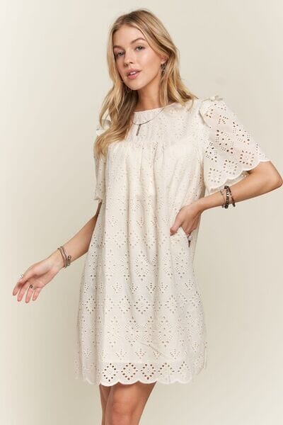 ADORA Ruffled Eyelet Round Neck Dress - Sydney So Sweet