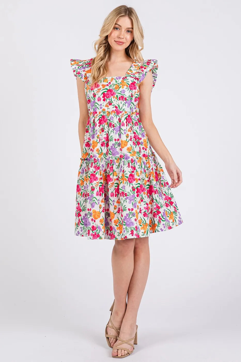 Mittoshop Flower Print Ruffle Shoulder A-line Mini Dress - Sydney So Sweet