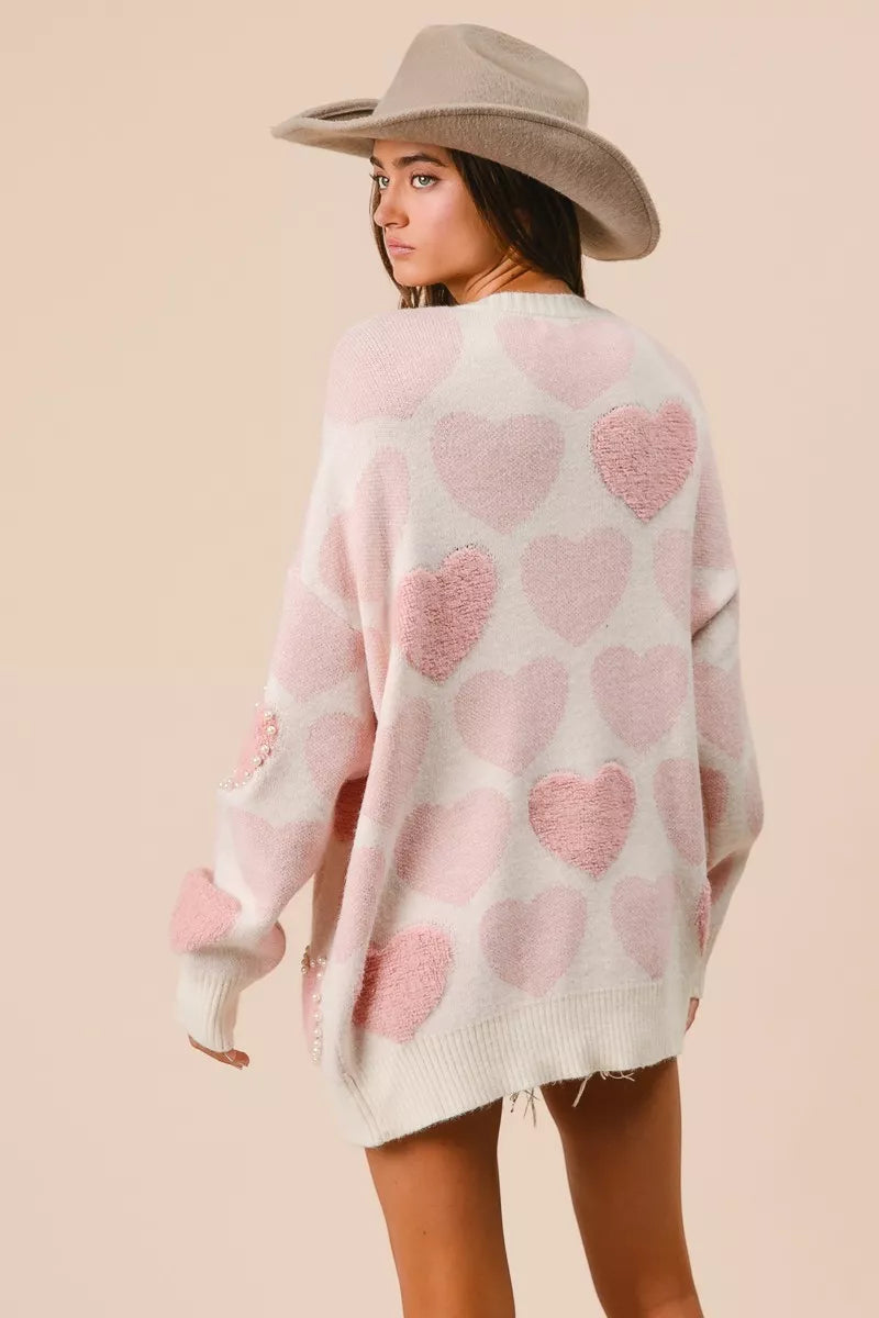 BiBi Heart Pattern Sweater with Pearl Detail - Sydney So Sweet