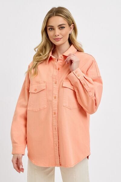 RISEN Full Size Button Down Long Sleeve Denim Shacket with Chest Pockets Plus Size - Sydney So Sweet