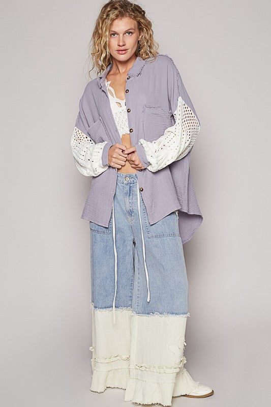 POL Openwork Lantern Sleeve Button Down Gauze Shirt - Sydney So Sweet