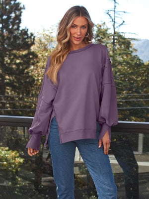 Slit Round Neck Long Sleeve Sweatshirt - Sydney So Sweet