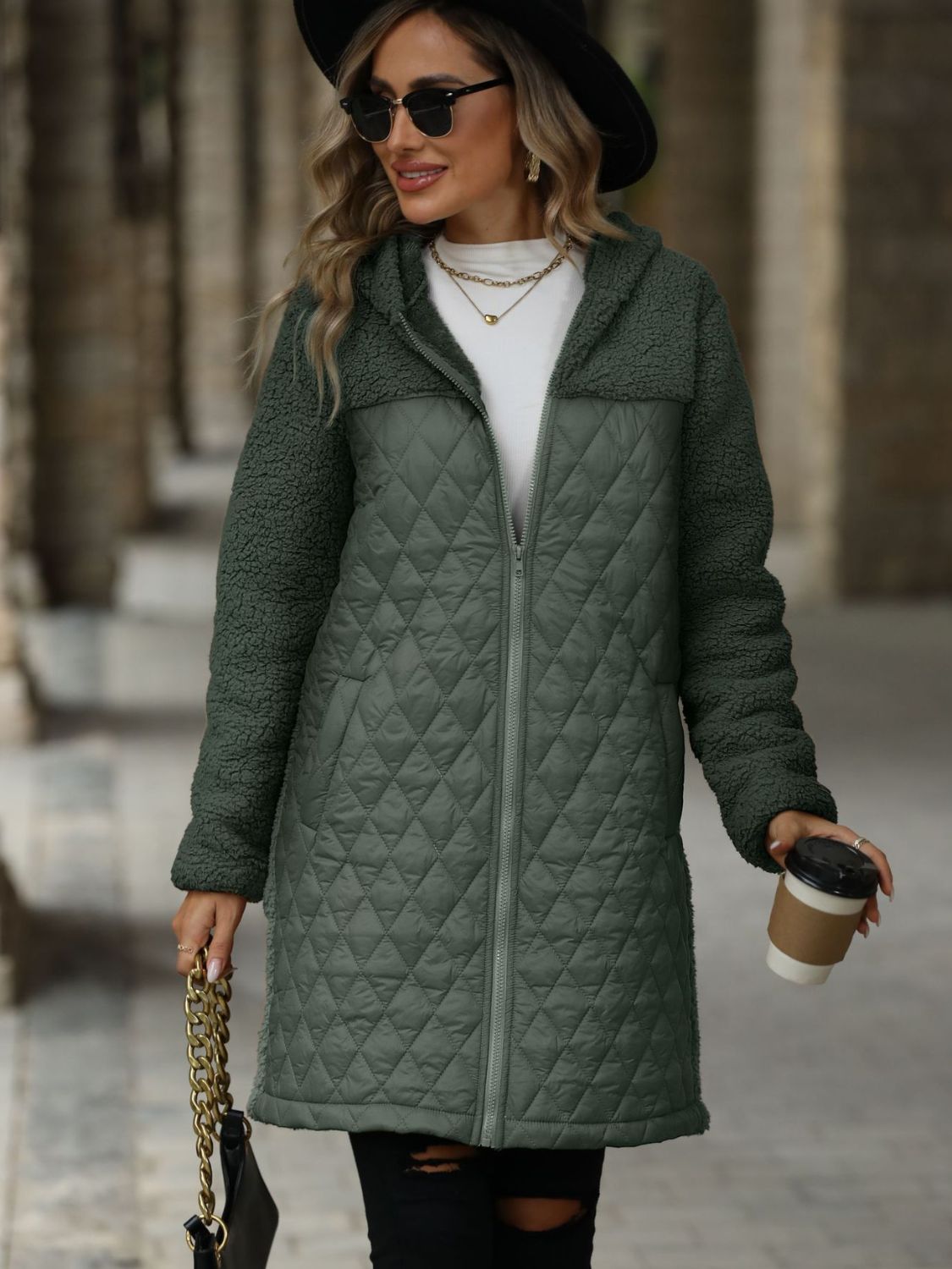 Texture Zip Up Long Sleeve Hooded Coat - Sydney So Sweet