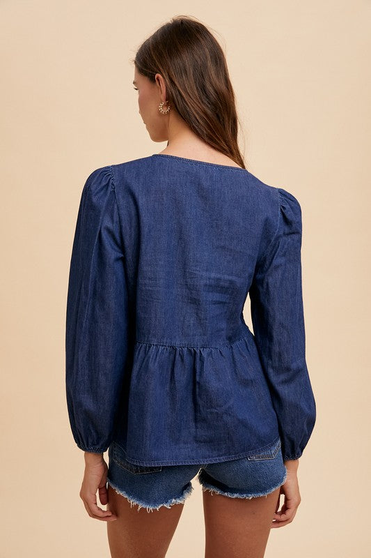 Annie Wear Tie Front Peplum Long Sleeve Denim Top - Sydney So Sweet