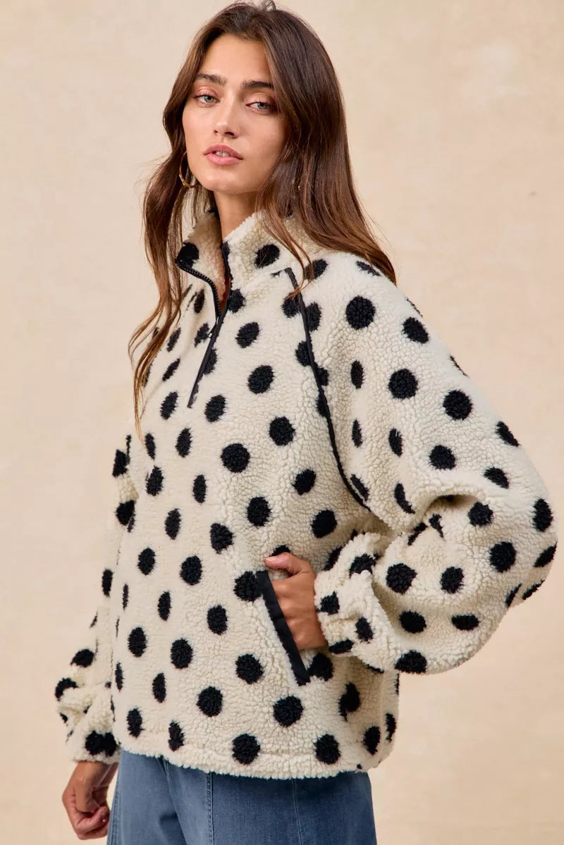 BiBi Polka Dot Sherpa Half Zip Up Top with Side Pocket - Sydney So Sweet