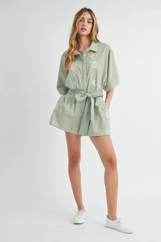 MABLE Embroidered Button Down Collared Neck Romper - Sydney So Sweet