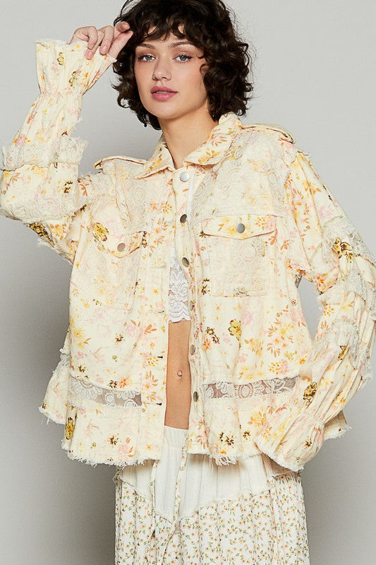 POL Raw Hem Lace Patch Flounce Sleeve Jacket - Sydney So Sweet