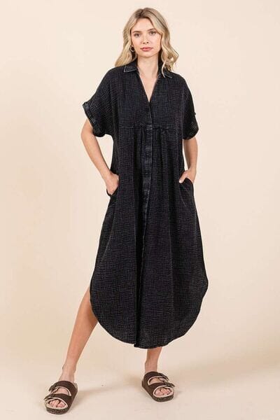 Mittoshop Mineral Wash V Neck Button Up Midi Shirt Dress - Sydney So Sweet