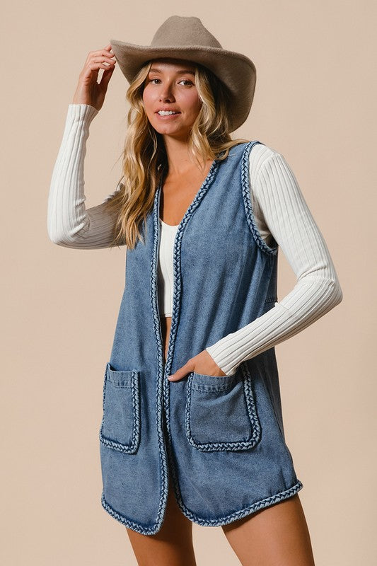 BiBi Braided Trim Open Front Denim Vest with Pockets - Sydney So Sweet