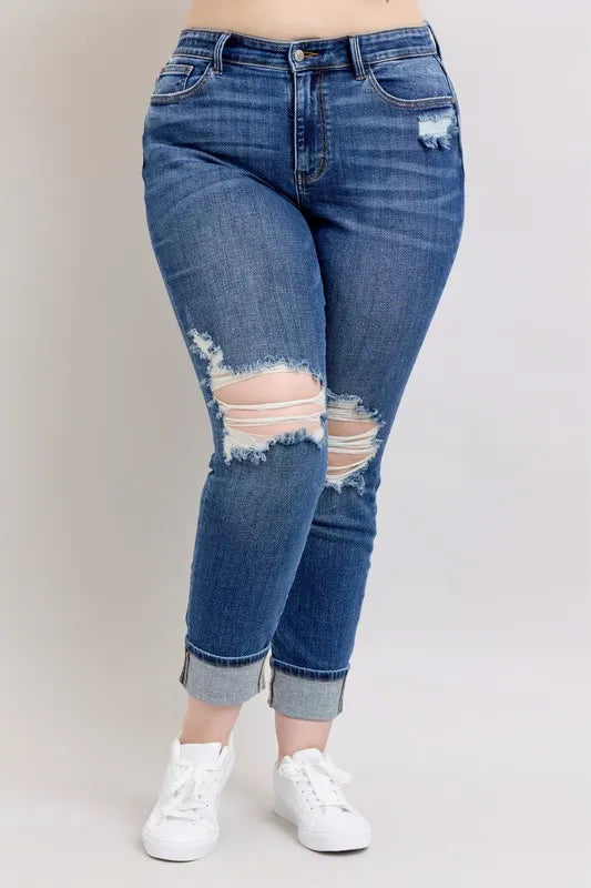 Judy Blue Full Size Mid Rise Boyfriend destroy Jeans with Yoke Pockets and Faux Selvedge Cuff Plus Size - Sydney So Sweet