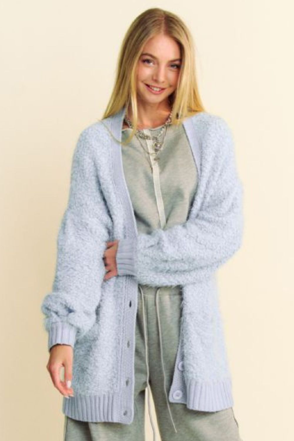 Davi & Dani Ribbed Hem Button Up Long Sleeve Cardigan - Sydney So Sweet