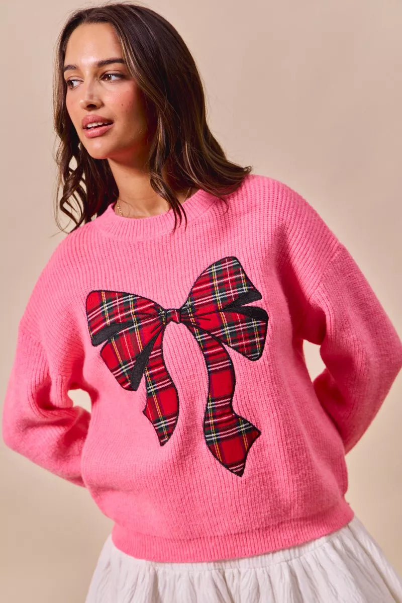 SO ME Checker Plaid Ribbon Christmas Holiday Sweater - Sydney So Sweet
