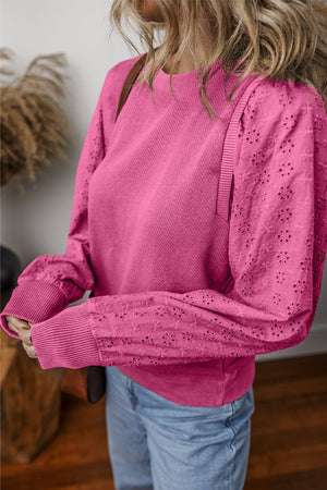 Eyelet Round Neck Long Sleeve Sweatshirt - Sydney So Sweet