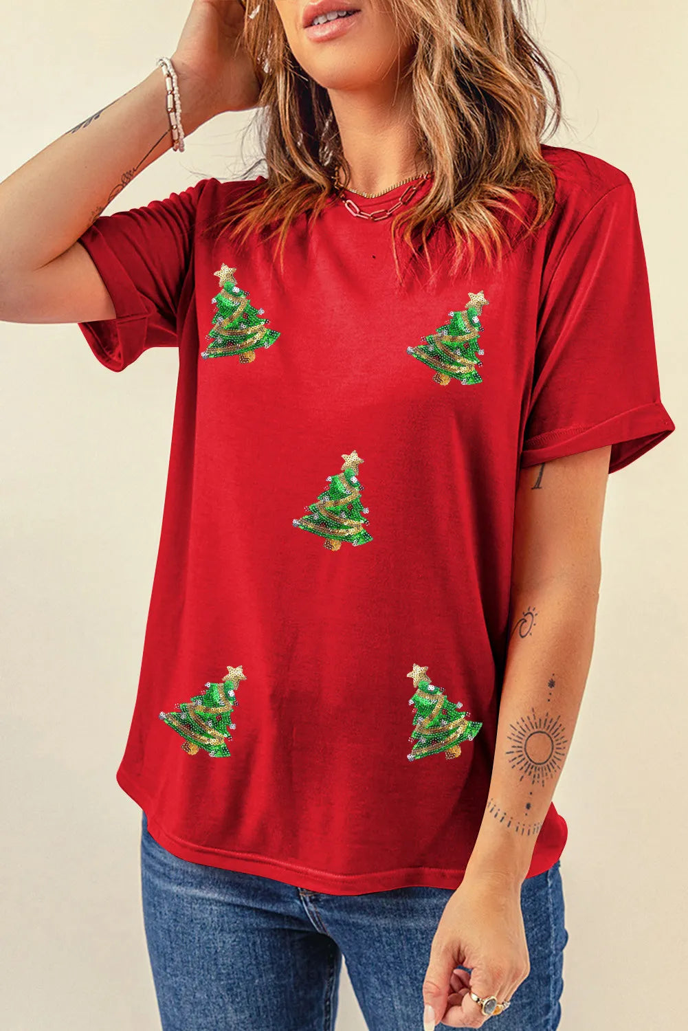 Sequin Christmas Tree Round Neck Short Sleeve T-Shirt - Sydney So Sweet