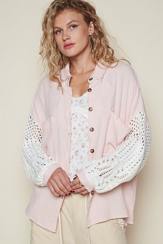 POL Openwork Lantern Sleeve Button Down Gauze Shirt - Sydney So Sweet