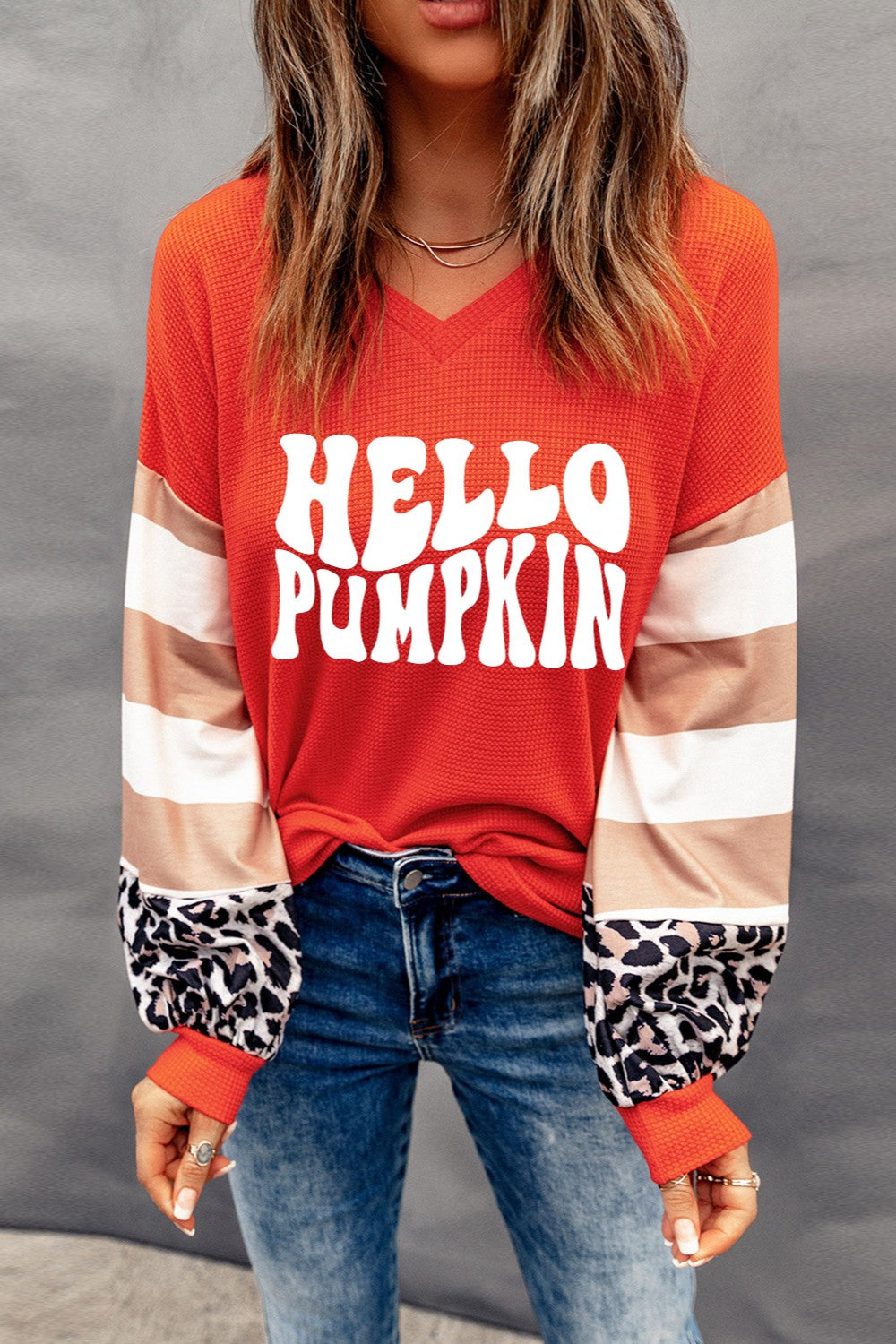 Hello Pumpkin Women's Leopard Graphic V-Neck Long Sleeve Top - Sydney So Sweet