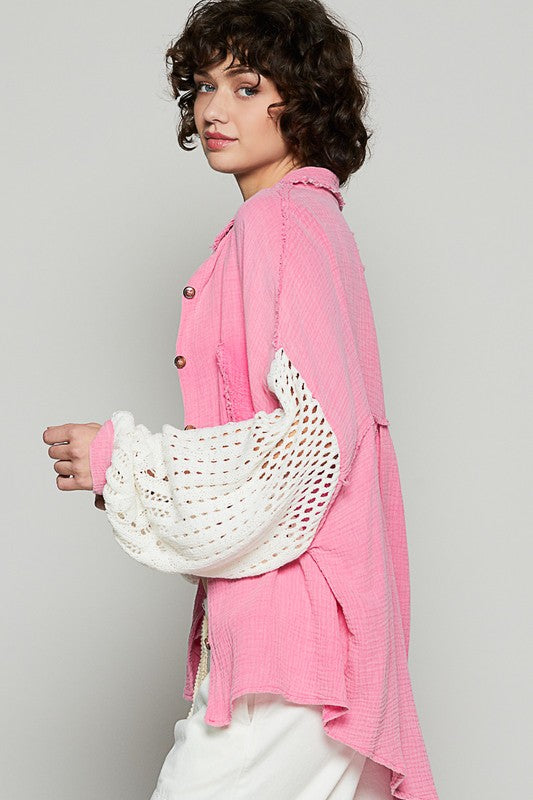 POL Openwork Lantern Sleeve Button Down Gauze Shirt - Sydney So Sweet