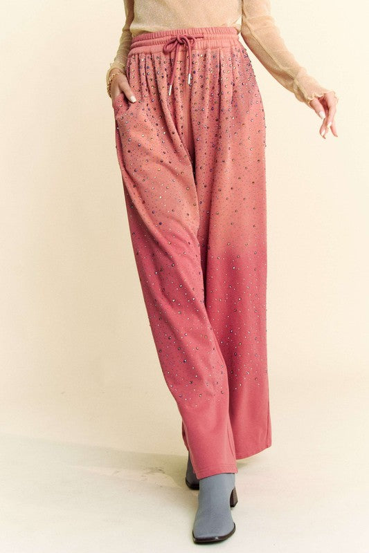 Davi & Dani Rhinestone Drawstring Wide Leg Pants - Sydney So Sweet