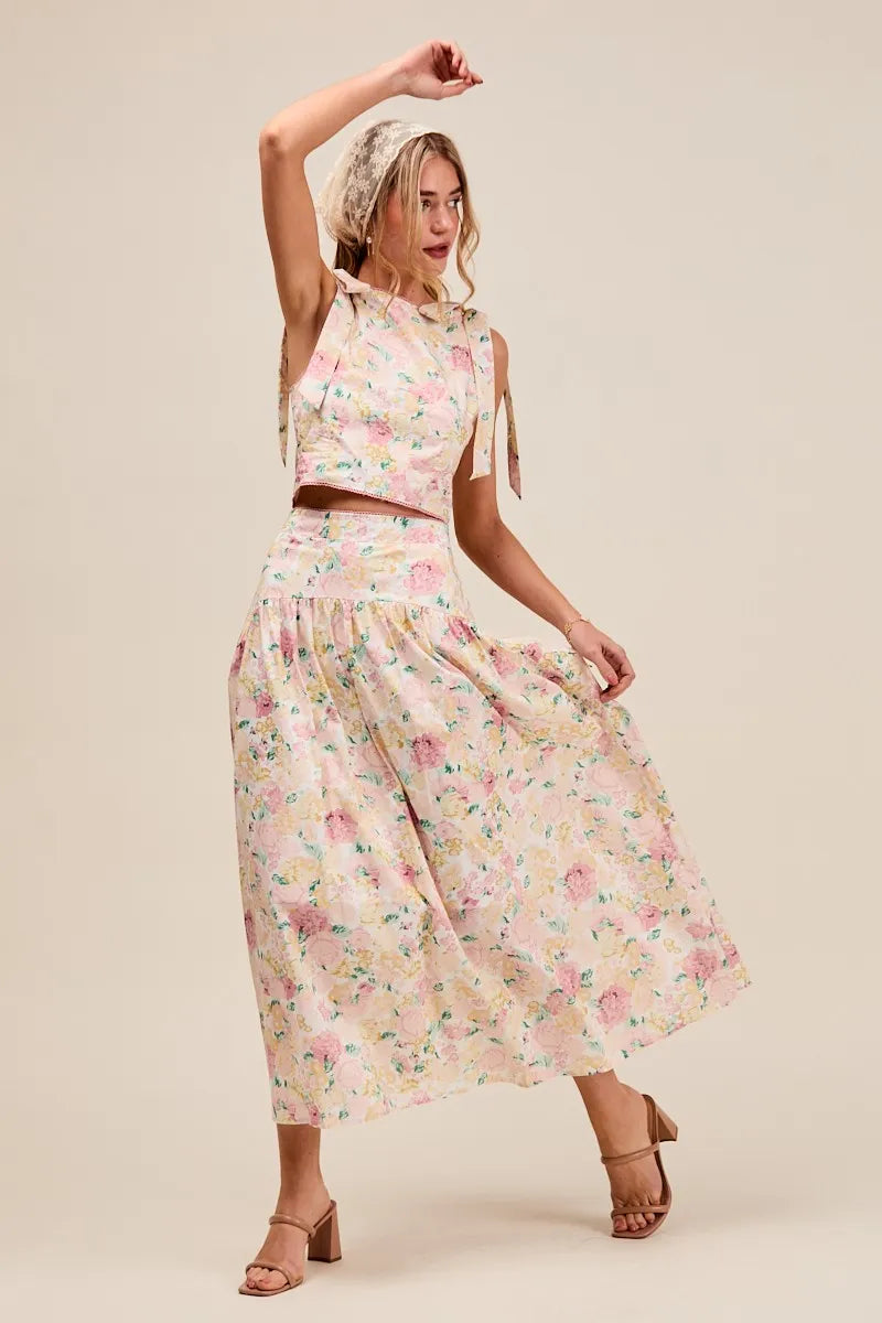 SO ME Floral Printed Woven Shoulder Bow Tie Top and Skirt Set - Sydney So Sweet
