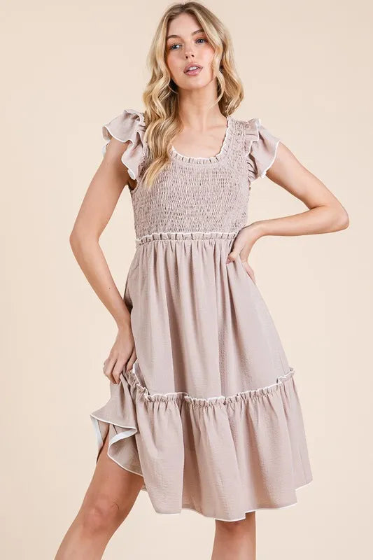 Lime 'N' Chili Ruffle Trim Smocked Dress with Contrast - Sydney So Sweet