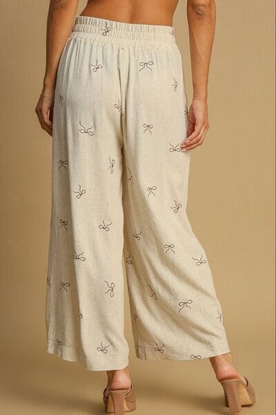 Umgee Full Size Lace Drawstring Embroidered Bow Wide Leg Pants Plus Size - Sydney So Sweet