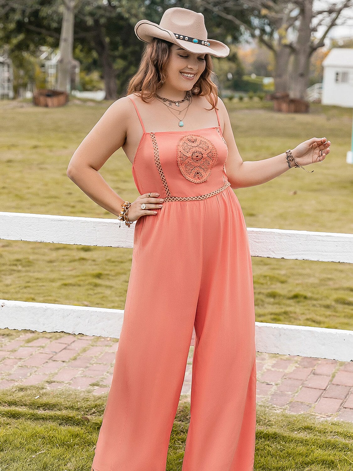 Plus Size Lace Detail Spaghetti Strap Wide Leg Jumpsuit - Sydney So Sweet