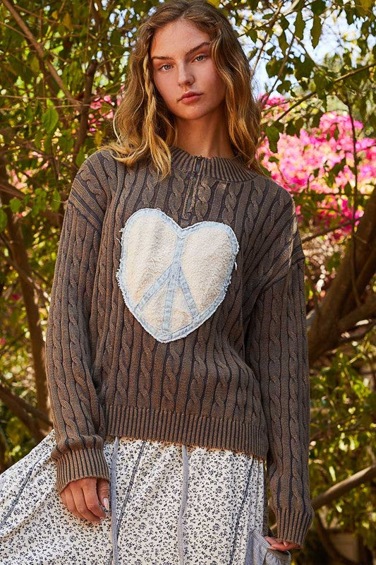 POL Cable-Knit Peace Patch Dropped Shoulder Sweater - Sydney So Sweet