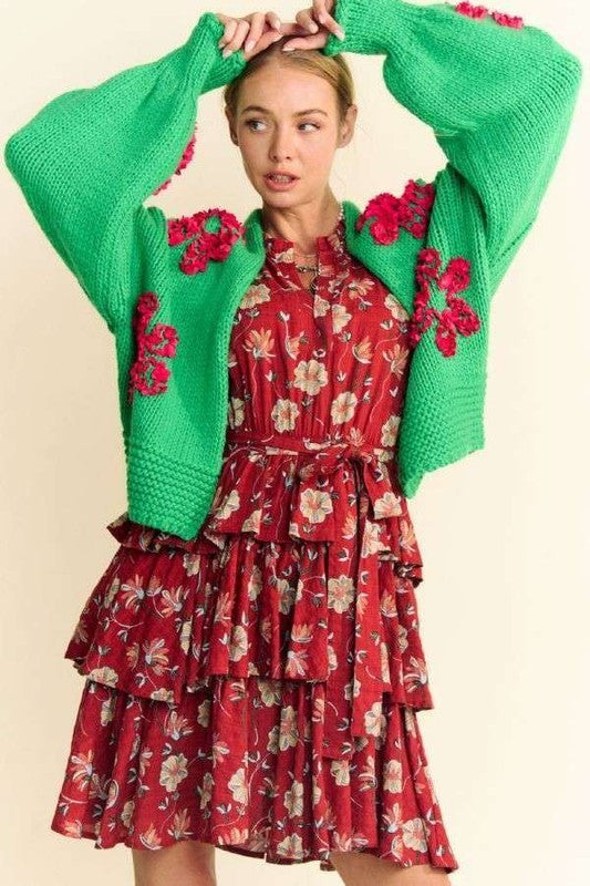 Davi & Dani Floral Applique Open Front Drop Shoulder Cardigan - Sydney So Sweet