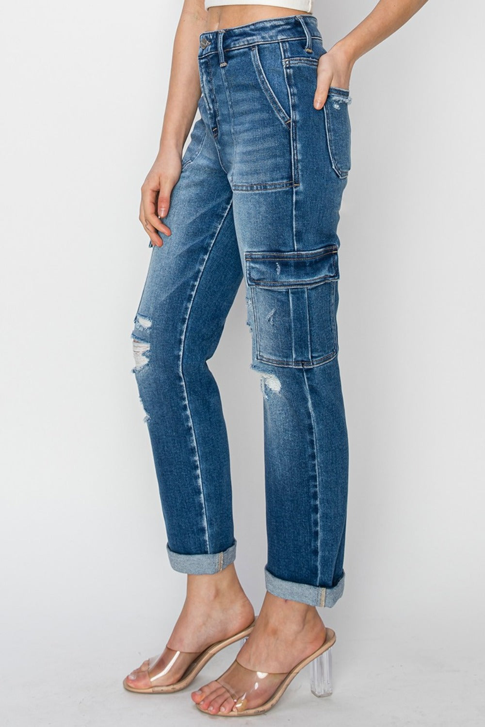 RISEN Full Size High Rise Cargo Ankle Roll Up Straight Jeans - Sydney So Sweet