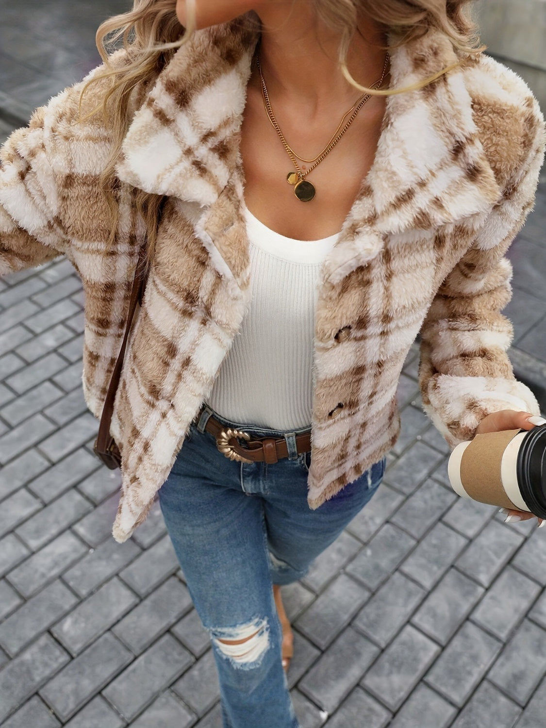 Plaid Button Up Collared Neck Long Sleeve Jacket - Sydney So Sweet