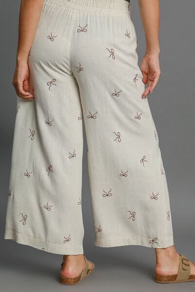 Umgee Full Size Lace Drawstring Embroidered Bow Wide Leg Pants Plus Size - Sydney So Sweet