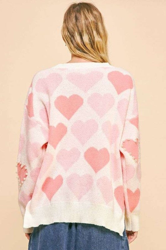 Davi & Dani Heart Pearl Side Slit V Neck Sweater - Sydney So Sweet