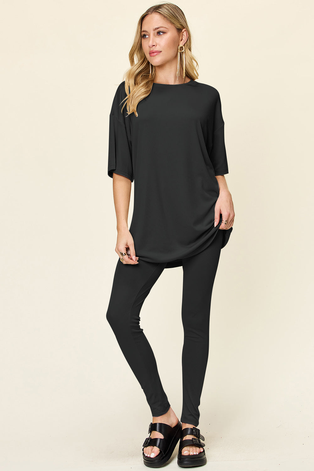 Double Take Full Size Round Neck Dropped Shoulder T-Shirt and Leggings Set - Sydney So Sweet