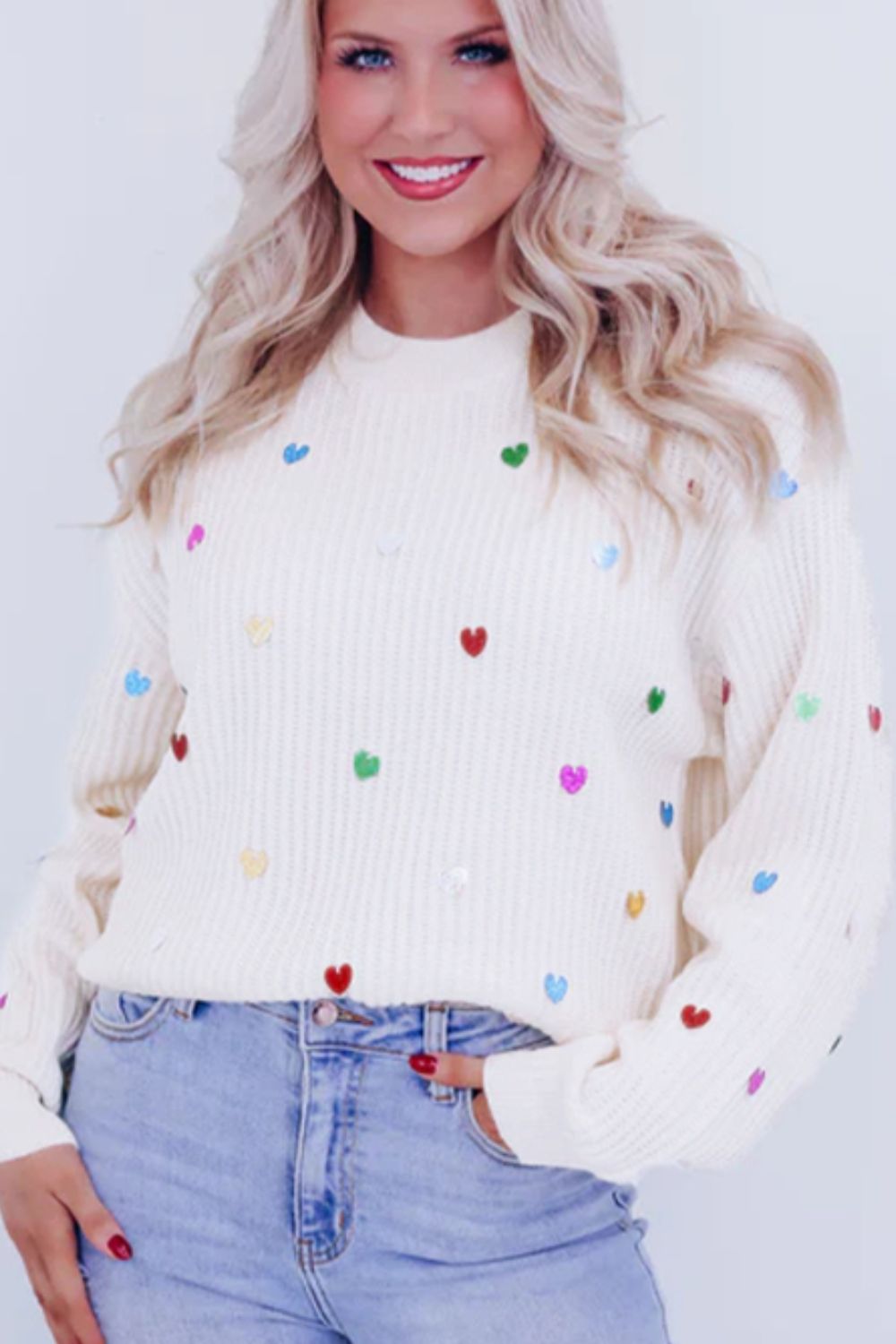 Heart Sequin Round Neck Long Sleeve Sweater - Sydney So Sweet