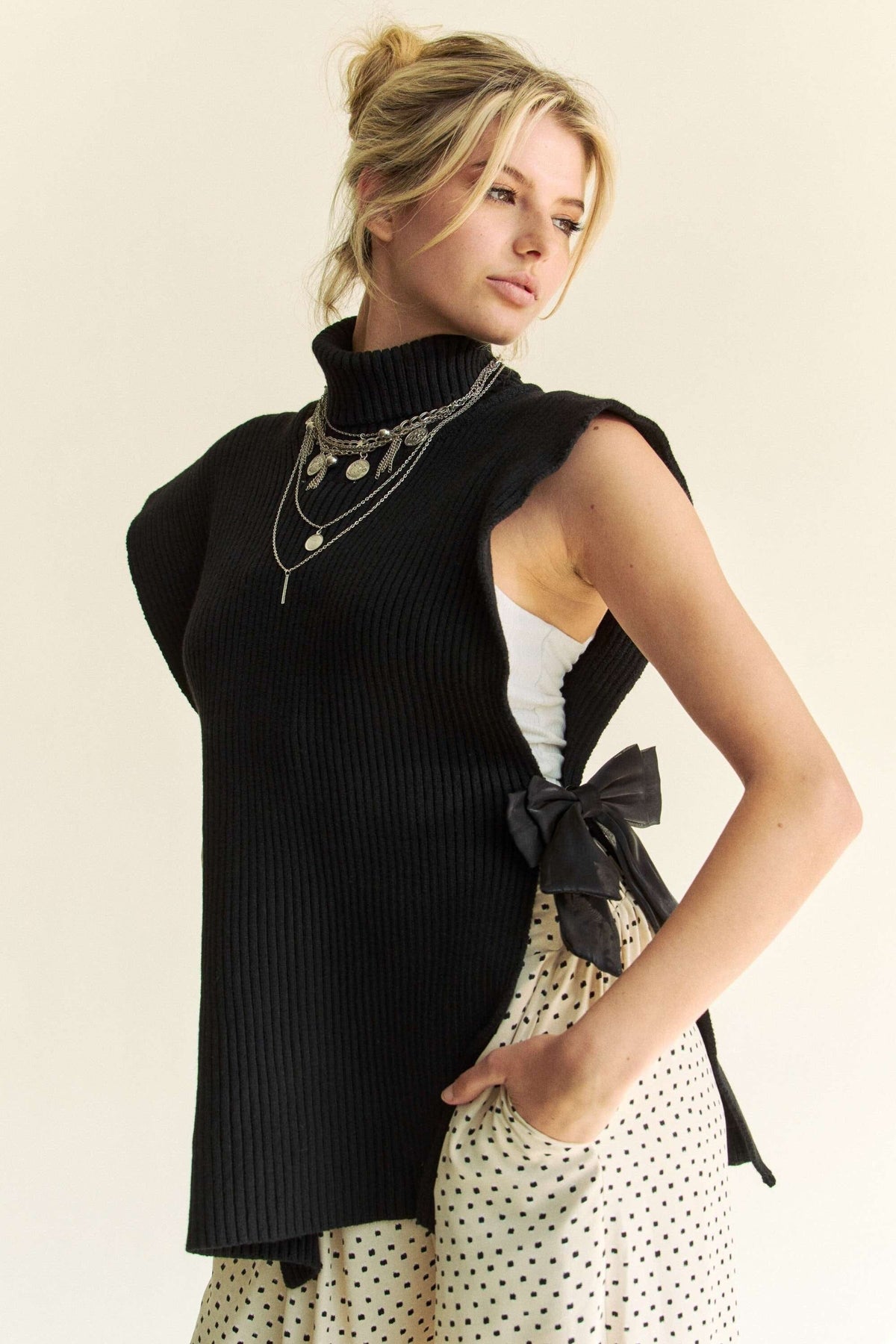 Davi & Dani Side Split Turtleneck Sleeveless Knit Top - Sydney So Sweet