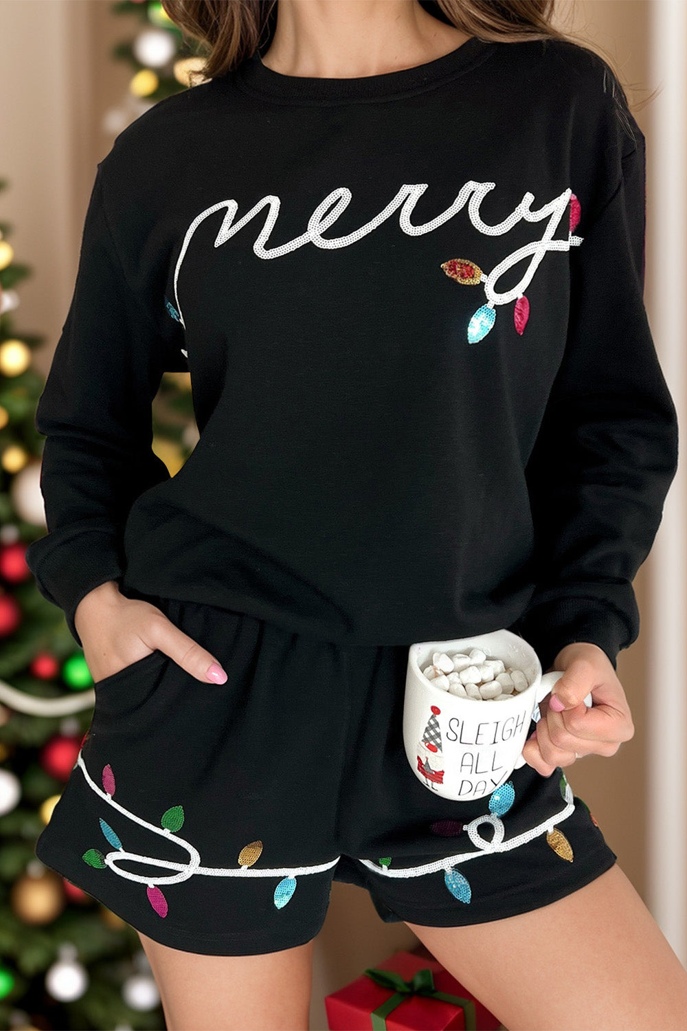 MERRY Sequin Round Neck Long Sleeve Top and Shorts Set - Sydney So Sweet