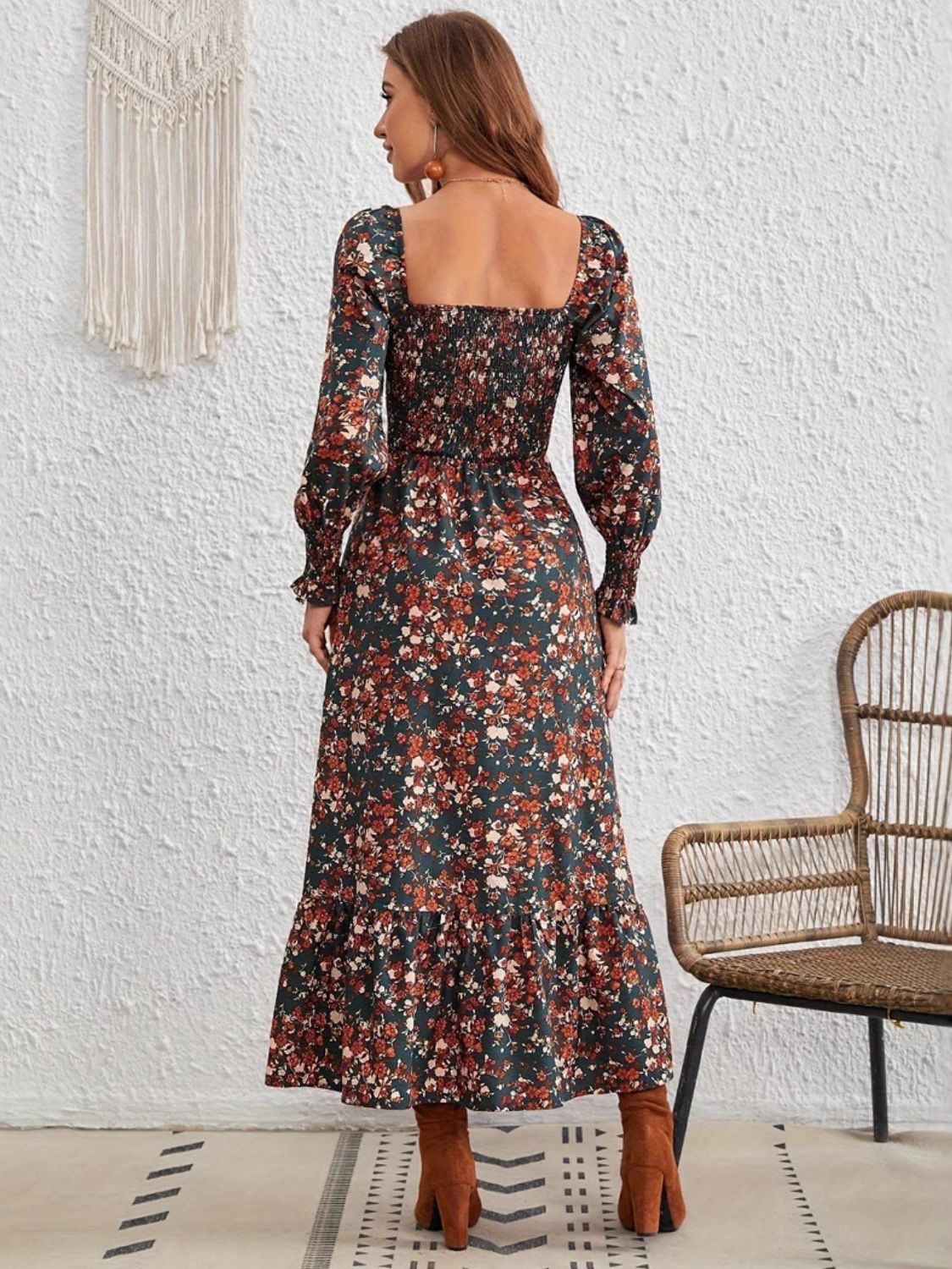 Smocked Floral Square Neck Long Sleeve Dress - Sydney So Sweet