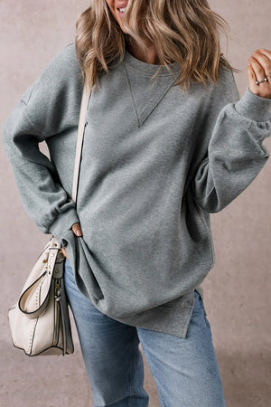 Slit Round Neck Long Sleeve Sweatshirt - Sydney So Sweet