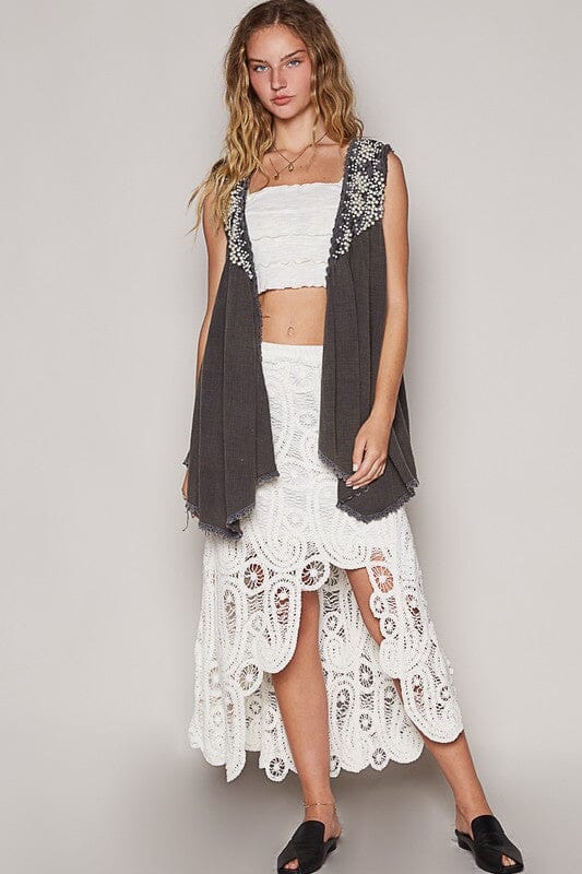POL Embroidered Pearls Open Front Sleeveless Cardigan - Sydney So Sweet