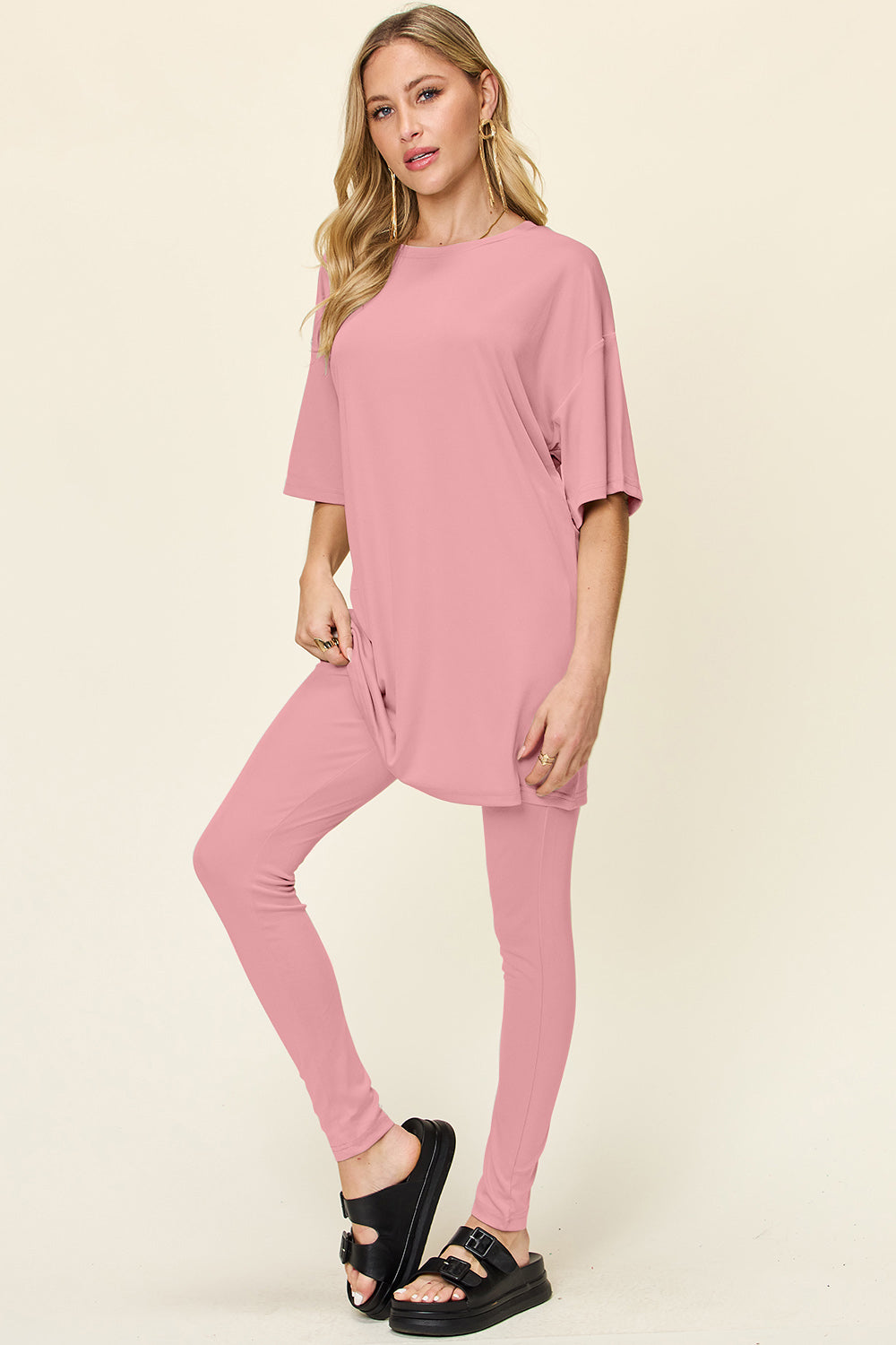 Double Take Full Size Round Neck Dropped Shoulder T-Shirt and Leggings Set - Sydney So Sweet