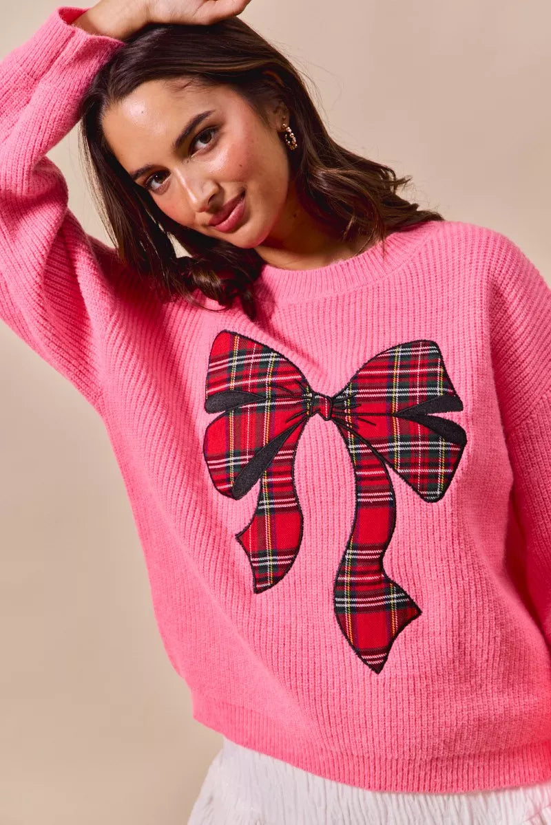 SO ME Checker Plaid Ribbon Christmas Holiday Sweater - Sydney So Sweet