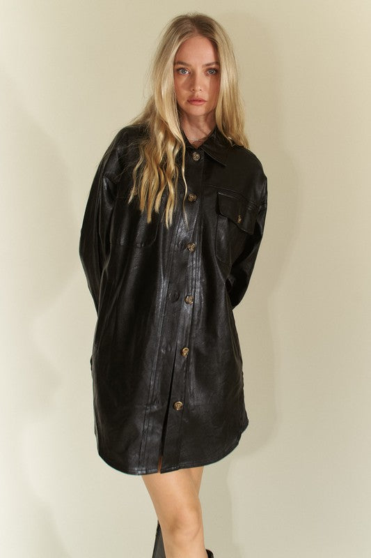 Davi & Dani Faux Leather Button Up Jacket with Chest Pockets - Sydney So Sweet