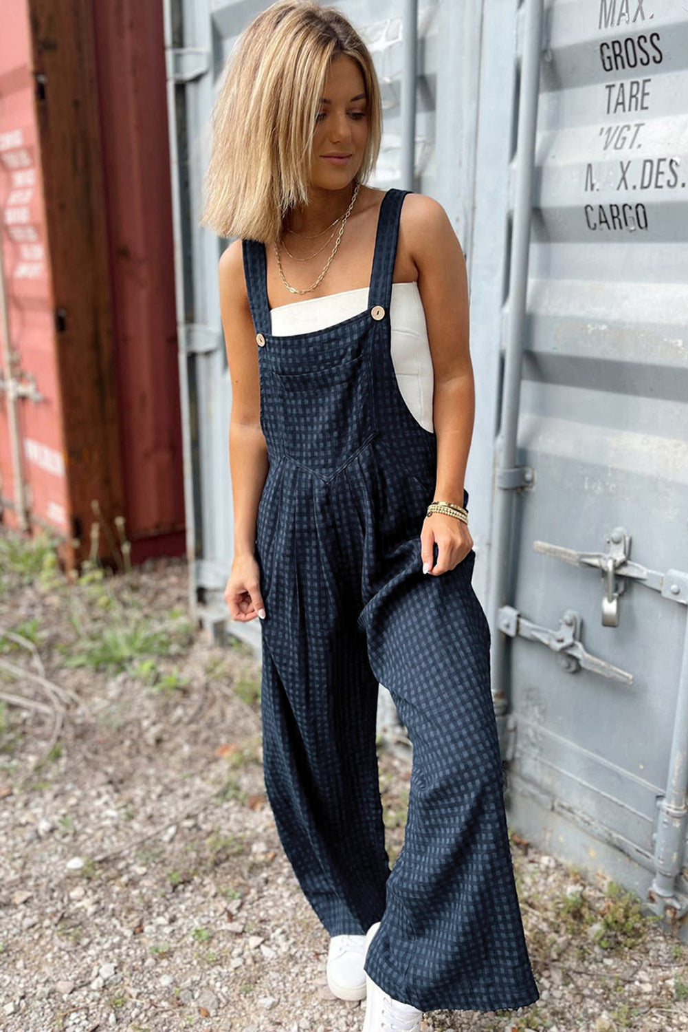 Plaid Wide Strap Wide Leg Overalls - Sydney So Sweet